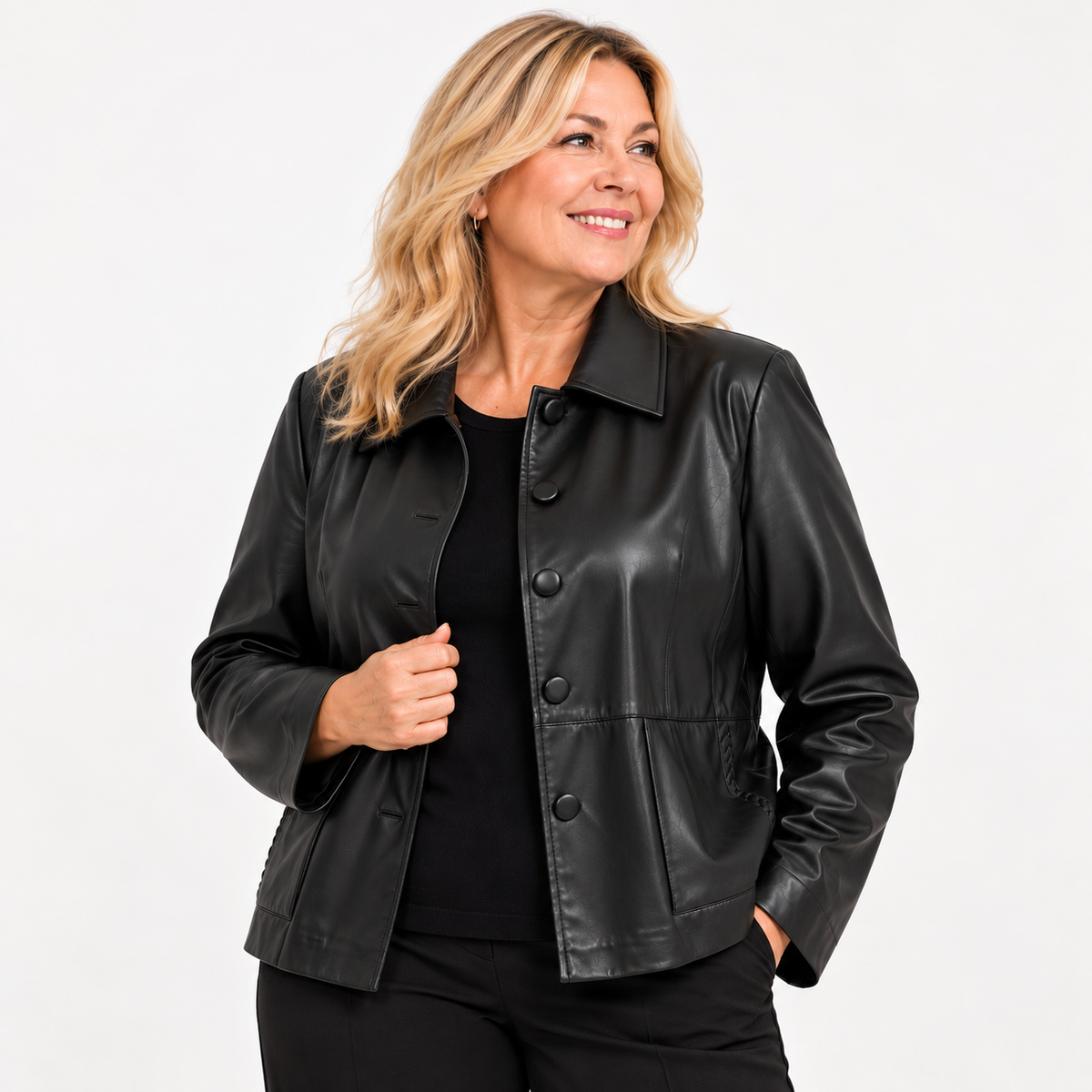 Giacca Elena Mirò R302P0-33 nera liscia indossata da modella curvy bionda